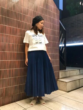 「コラボTシャツ」｜「アイテム（ハンチング/ベレー帽）」を使った、もぎさん（レディース・153cm）の夏コーディネート