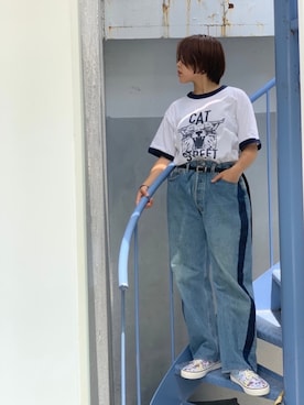 「リメイクデニム」｜「アイテム（スニーカー）」を使った、もぎさん（レディース・153cm）の夏コーディネート
