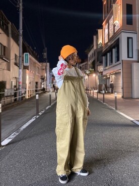「MANASTASH（マナスタッシュ）のアイテム（オールインワン・サロペット）」を使った、もぎさん（レディース・153cm）の冬コーディネート