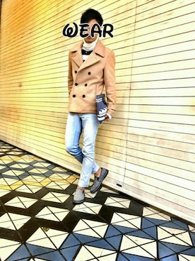 「ボーダーニット」｜「アイテム（ピーコート）」を使った、hi→さん（メンズ・176cm）の冬コーディネート