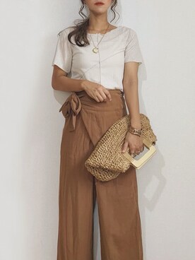 「Re:EDIT（リエディ）のリネンブレンドカシュクールパンツ（その他パンツ）」を使った、chi__ka❤︎さん（レディース・161cm）の夏コーディネート