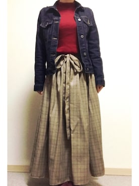 「グレンチェック」｜「アイテム（デニムジャケット）」を使った、まるみさん（レディース・155cm）の秋コーディネート
