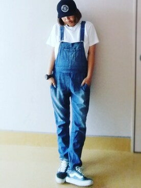 「ポケットＴシャツ」｜「アイテム（サロペット/オーバーオール）」を使った、nさん（レディース・157cm）の夏コーディネート