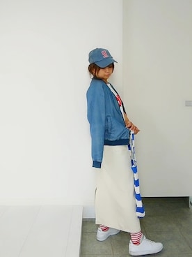 「サロペットスカート」｜「アイテム（キャップ）」を使った、nさん（レディース・158cm）の春コーディネート