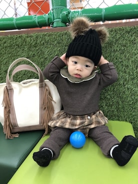 「アイテム（スタイ/よだれかけ、グリーン系）」を使った、nohana＊＊＊kent さん（キッズ・70cm）の冬コーディネート