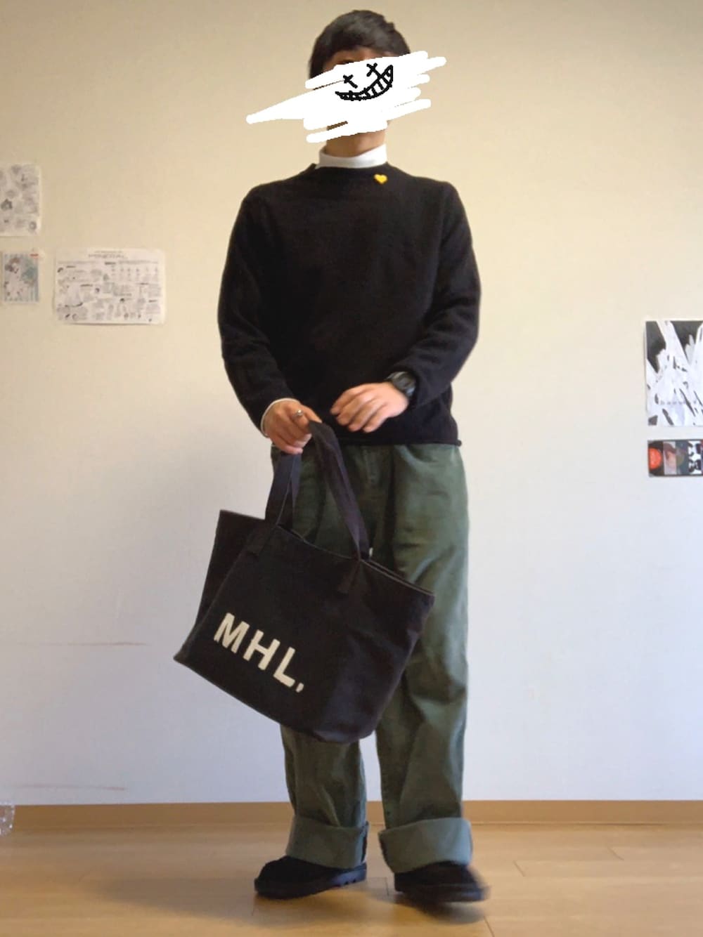 「カジュアルコーデ、春コーデ、ビッグシルエット、デニム、ラフ」｜「MARGARET HOWELLのアイテム（トートバッグ、ブラック系）」を使った、anji  :)さん（メンズ・171cm）の春コーディネートの1枚目の写真