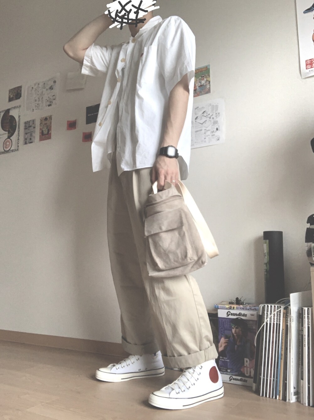「春コーデ、夏コーデ、春夏コーデ、シンプル、スニーカーコーデ、ゆるコーデ」｜「DANTONのDANTON/ダントン OPEN SHIRTS/オープンカラー シャツ（シャツ/ブラウス、ホワイト系）」を使った、anji  :)さん（メンズ・171cm）の春コーディネートの1枚目の写真