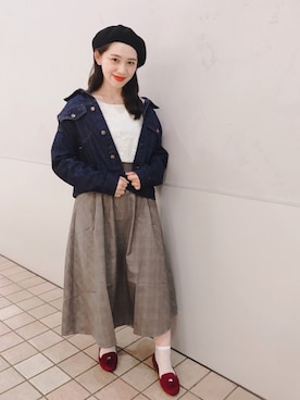 「グレンチェック」｜「アイテム（ハンチング/ベレー帽）」を使った、ぴっころさん（レディース・160cm）の秋コーディネート