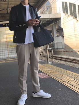 「green label relaxing（グリーンレーベルリラクシング）のアイテム（ライダースジャケット）」を使った、りょうさんさん（メンズ・173cm）の春コーディネート