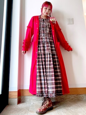 「チェックワンピース」｜「アイテム（ノーカラージャケット）」を使った、ユカリロさん（レディース・157cm）の冬コーディネート