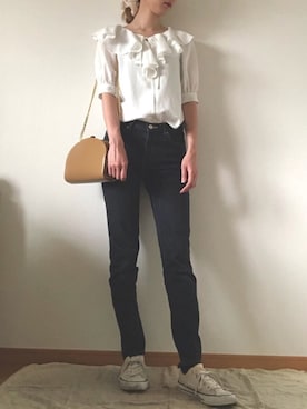 「ZOZO（ゾゾ）のスリムテーパードデニムパンツ［WOMEN］（デニムパンツ）」を使った、maiさん（レディース・168cm）の夏コーディネート