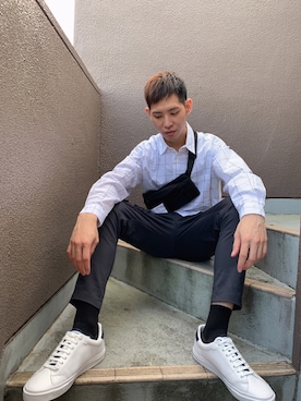「GU（ジーユー）のアイテム（シャツ/ブラウス、ホワイト系）」を使った、Wu さん（メンズ・180cm）の秋コーディネート