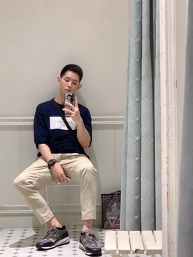 「B:MING by BEAMS（ビーミングバイビームス）のアイテム（Tシャツ/カットソー、ブルー系）」を使った、Wu さん（メンズ・180cm）の秋コーディネート