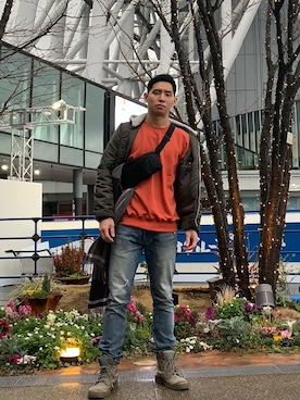 「no brand（ノーブランド）のアイテム（Tシャツ/カットソー、オレンジ系）」を使った、Wu さん（メンズ・180cm）の秋コーディネート