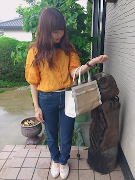 「earth music&ecology（アースミュージックアンドエコロジー）の・コットンレーススクエアブラウス（シャツ/ブラウス、イエロー系）」を使った、kotono⑅︎◡̈︎*さん（レディース・150cm）の春コーディネート