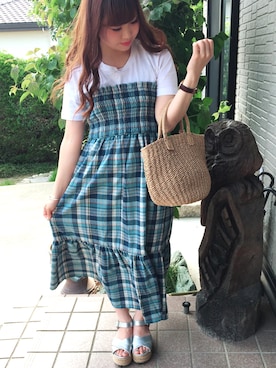 「earth music&ecology（アースミュージックアンドエコロジー）の・マドラスチェックワンピース ●（ワンピース、ブルー系）」を使った、kotono⑅︎◡̈︎*さん（レディース・150cm）の夏コーディネート