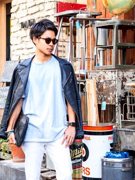 「summer」｜「アイテム（ライダースジャケット）」を使った、Tottiさん（メンズ・170cm）の夏コーディネート