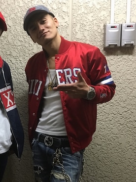 「Mitchell&Ness（ミッチェル&ネス）のアイテム（スタジャン）」を使った、IGUCCIさん（メンズ・173cm）の冬コーディネート