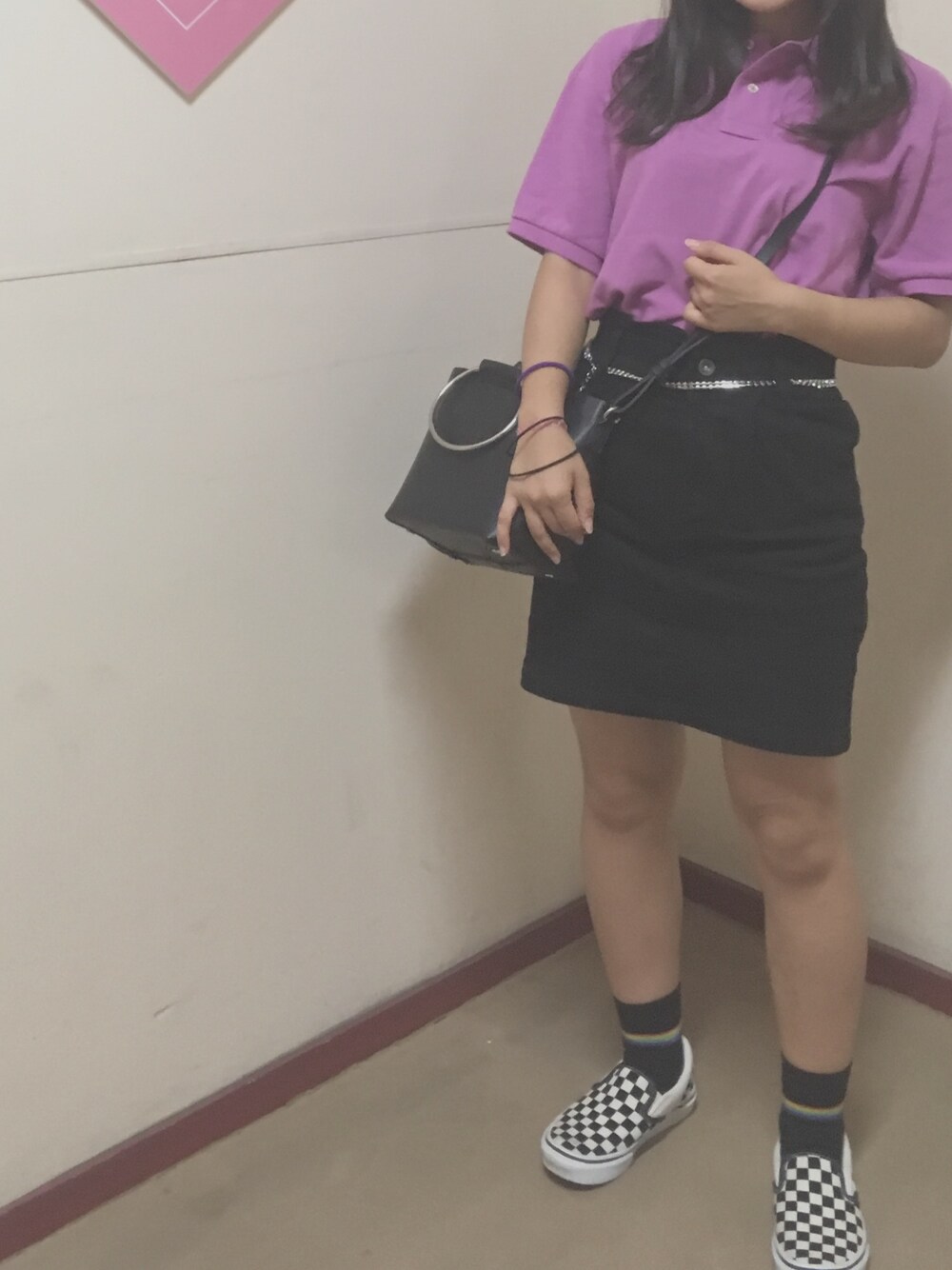 「カジュアルコーデ、原宿、ootd、パープル、black、スリッポン、チェッカーフラッグ」｜「ZARAのアイテム（ショルダーバッグ、ブラック系）」を使った、M!kuさん（レディース・148cm）の夏コーディネートの1枚目の写真