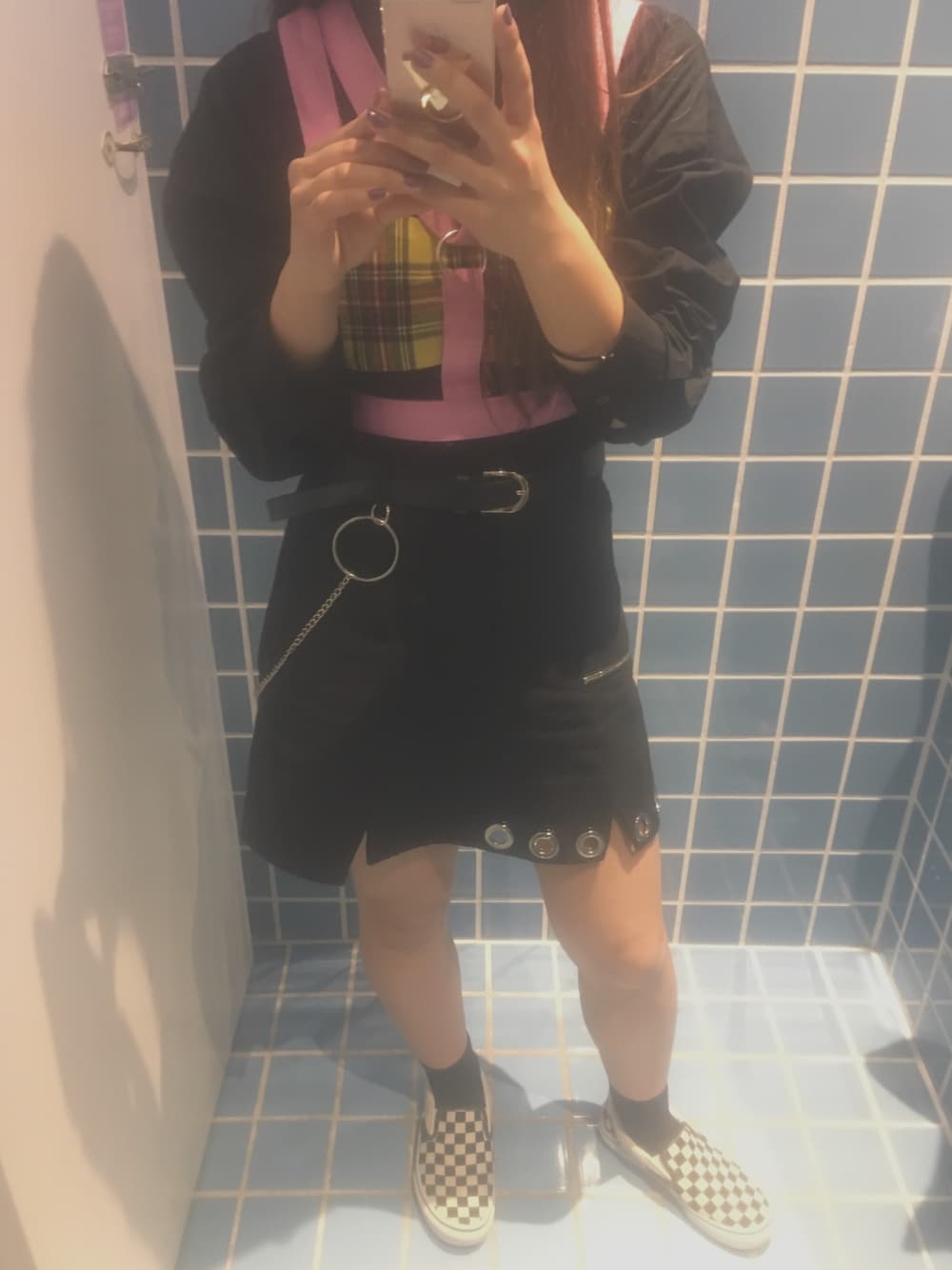「原宿、原宿ファッション、7%morePINK、カジュアルコーデ、ハトメ、ピンク、お洒落さんとつながりたい、スピンズ、streetstyle」｜「SSMARTのアイテム（スカート、ブラック系）」を使った、M!kuさん（レディース・148cm）の春コーディネートの1枚目の写真