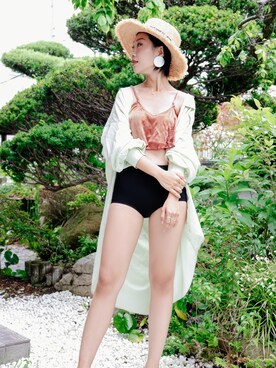 「アイテム（水着、レッド系）」を使った、genyuanziさん（レディース・163cm）の夏コーディネート