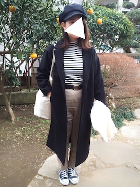 「HVC（エイチブイシー）のアイテム（チェスターコート）」を使った、I'm TOMOEさん（レディース・160cm）の冬コーディネート