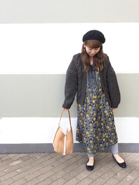 「ケーブルカーディガン」｜「アイテム（ハンチング/ベレー帽）」を使った、suzukiさん（レディース・164cm）の秋コーディネート