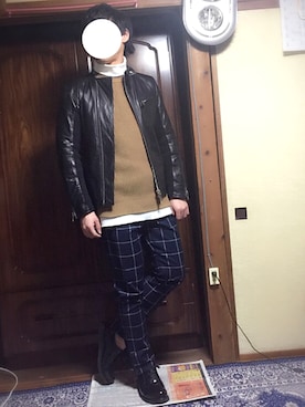 「SHELLAC（シェラック）のアイテム（ライダースジャケット）」を使った、ゆっきーさん（メンズ・171cm）の冬コーディネート