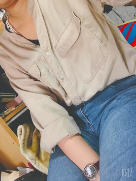 「GU（ジーユー）のアイテム（シャツ/ブラウス、ベージュ系）」を使った、❁Nagii❁さん（レディース・161cm）の春コーディネート