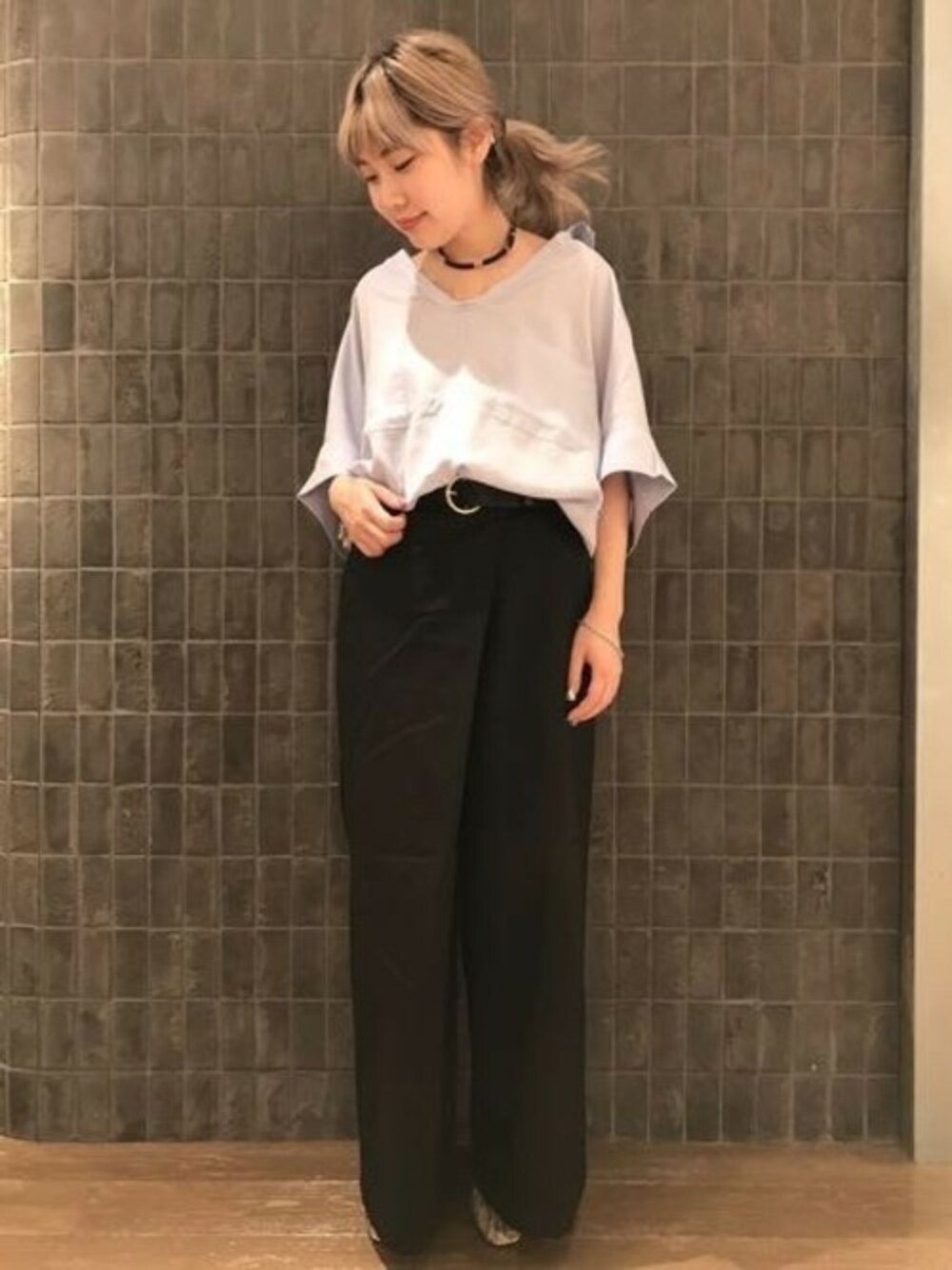 「JEANASiS、ジーナシス、ワイドパンツ、春色、スキッパーシャツ」｜「JEANASISのポケスキッパーSS/752239（シャツ/ブラウス、ブルー系）」を使った、jeanasisさん（レディース・152cm）の春コーディネートの1枚目の写真