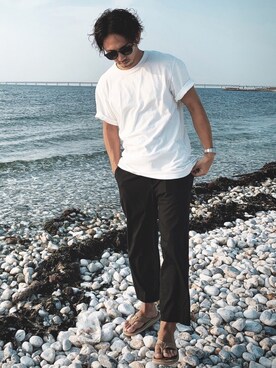 「GU（ジーユー）の（GU）コットンリネンスリムフィットトラウザー（MEN ⁄ チノ・イージーパンツ・デザインパンツ）」を使った、Naoto さん（メンズ・170cm）の夏コーディネート