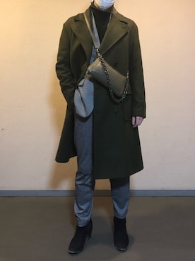 ZARAのチェスターコート（グリーン系）を使ったメンズ人気ファッション