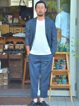 「melple（メイプル）のアイテム（ジャケット/アウター）」を使った、クボタ ユウイチさん（メンズ・174cm）の夏コーディネート