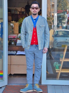 「アイテム（ブーツ、ブルー系）」を使った、クボタ ユウイチさん（メンズ・174cm）の冬コーディネート