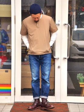 「melple（メイプル）のアイテム（その他アウター）」を使った、クボタ ユウイチさん（メンズ・174cm）の春コーディネート