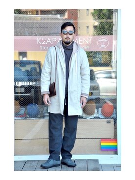 「MANEBU（マネブ）のアイテム（ブーツ）」を使った、クボタ ユウイチさん（メンズ・174cm）の秋コーディネート