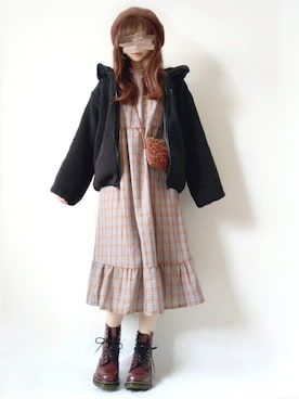 「チェックワンピース」｜「アイテム（ブルゾン）」を使った、こうさん（レディース・162cm）の冬コーディネート