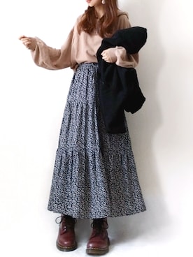 「小花柄」｜「アイテム（ノーカラージャケット）」を使った、こうさん（レディース・162cm）の冬コーディネート
