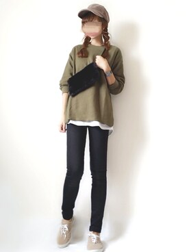 「コーデュロイキャップ」｜「アイテム（アナログ腕時計）」を使った、こうさん（レディース・162cm）の秋コーディネート