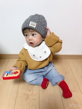「combimini（コンビミニ）のアイテム（トップス）」を使った、そうぱんまんさん（キッズ・70cm）の冬コーディネート