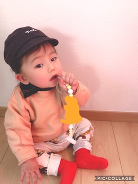 「Mini Rodini（ミニロディーニ）のアイテム（レッグウェア）」を使った、そうぱんまんさん（キッズ・70cm）の冬コーディネート