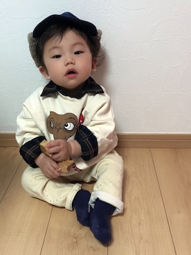 「アイテム（レッグウェア、ブルー系）」を使った、そうぱんまんさん（キッズ・70cm）の冬コーディネート
