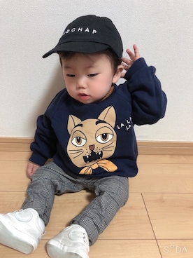 「Mini Rodini（ミニロディーニ）のアイテム（スウェット）」を使った、そうぱんまんさん（キッズ・70cm）の冬コーディネート