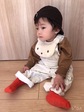 「quoti use fith（クゥオティ　ユース　フィス）のアイテム（キャップ）」を使った、そうぱんまんさん（キッズ・70cm）の冬コーディネート