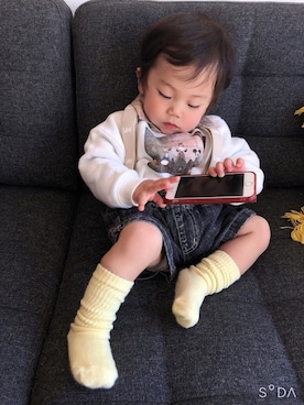 「Lee（リー）のアイテム（サスペンダー）」を使った、そうぱんまんさん（キッズ・70cm）の春コーディネート