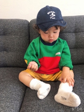 「MIKI HOUSE（ミキハウス）のアイテム（スウェット）」を使った、そうぱんまんさん（キッズ・70cm）の夏コーディネート