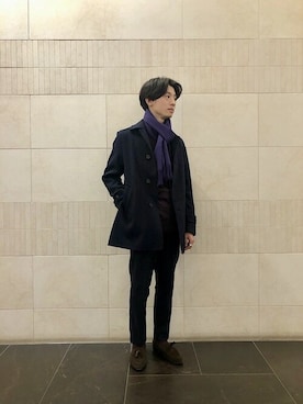 「アイテム（ステンカラーコート、ブルー系）」を使った、佐々木さん（メンズ・165cm）の秋コーディネート