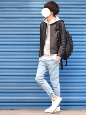 「LIDNM（リドム）のアイテム（ライダースジャケット）」を使った、とっしーさん（メンズ・184cm）の春コーディネート