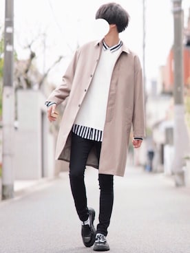 「DOOPZ（ドープス）のアイテム（ステンカラーコート）」を使った、とっしーさん（メンズ・184cm）の春コーディネート