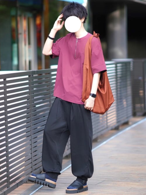 セール】配色ステッチハーフジップ 半袖Tシャツ【ファッション
